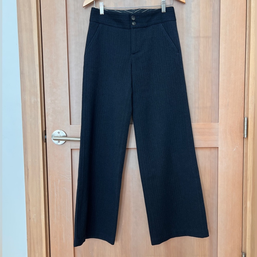 Marc Jacobs Navy Herringbone Wool Wide-Leg Trousers